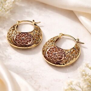 Vintage Style 18K Gold Plated Filigree Hoop Earrings | 1” | Dubai Made